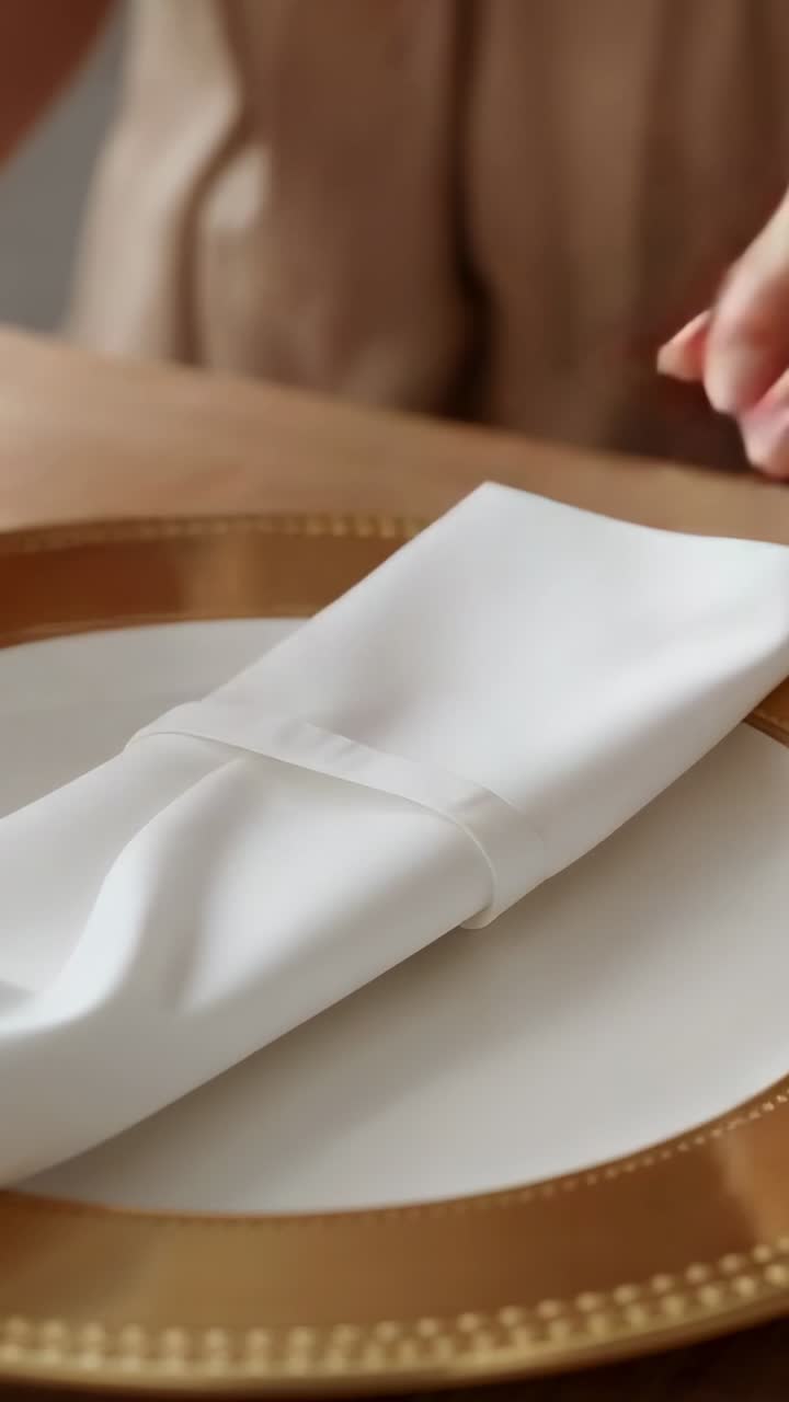 Vertical video: Starting centered, woman folding white napkin on gold plate for table, beige top