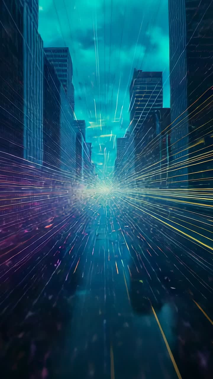 Vertical video: Brightening orb propelling camera between skyscrapers with streaking light trails