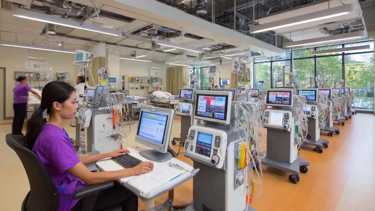 Healthcare Professional Monitoring Patient Support Systems in a Modern Medical Facility, Surrounded by Advanced Equipment and Technology for Intensive Care