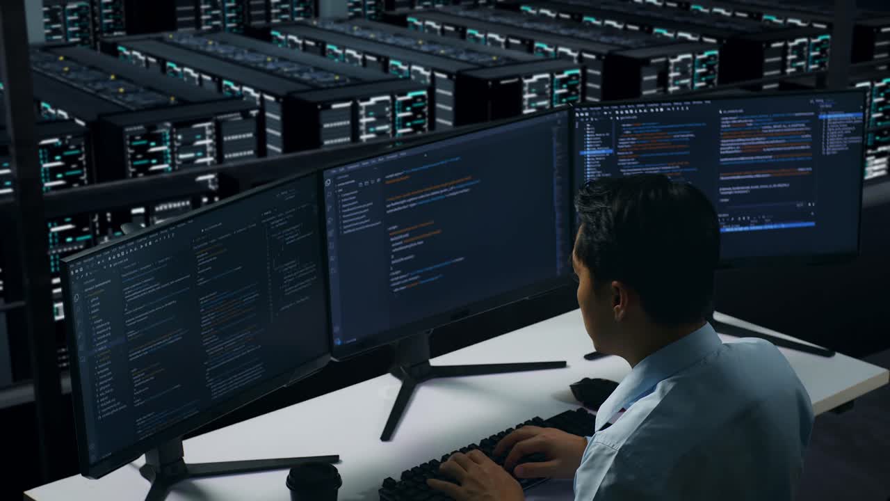 vista trasera de un hombre asiático cansado bostezando mientras trabajaba con un simulacro de varios monitores de computadora en el centro de datos