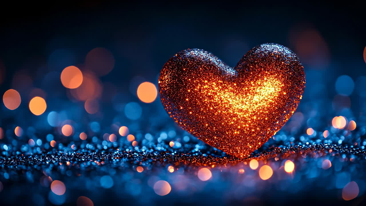 Sparkling heart on shiny surface. A glowing heart made of glitter shines brightly against a blue and orange bokeh background, creating a warm atmosphere