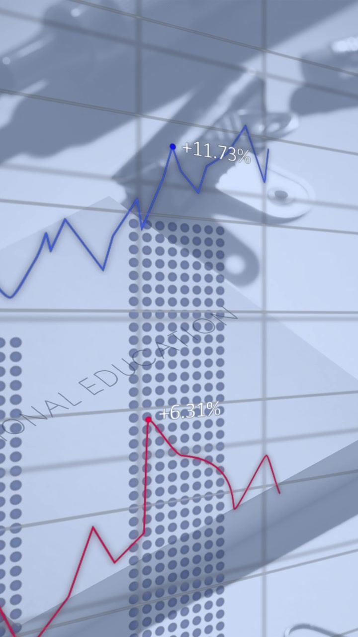 Animation of financial data processing over office items on desk