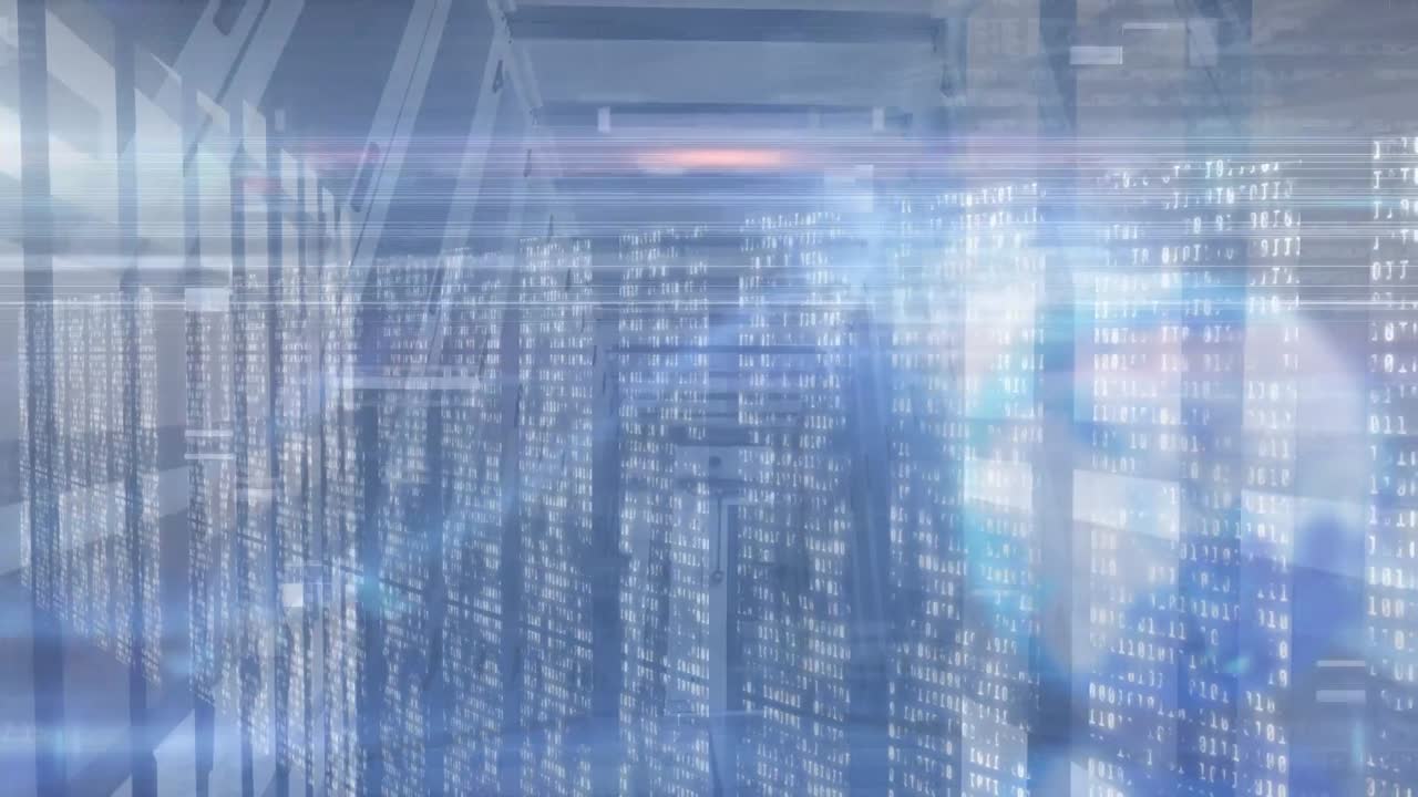 빈 컴퓨터 서버 방 위에 모자이크 사각형의 애니메이션