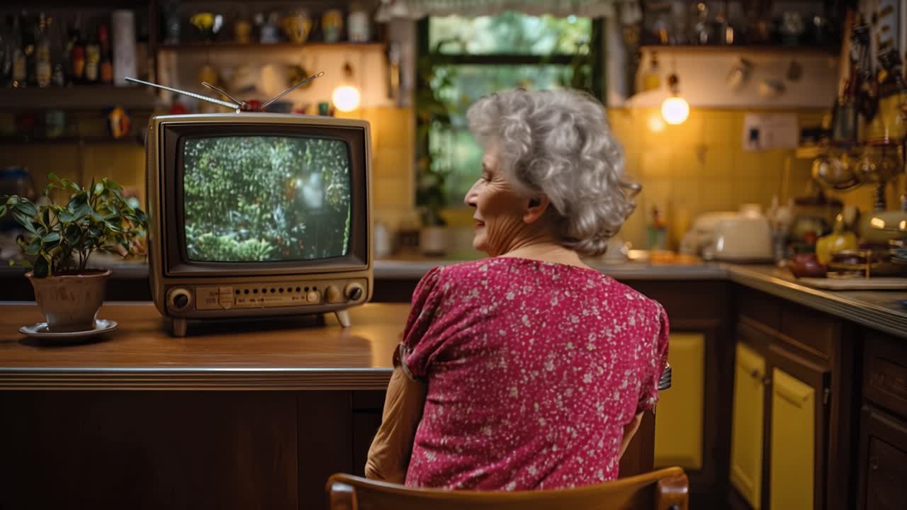 Ältere Frau schaut Vintage-Fernseher in gemütlicher Küche. Weiches Licht leuchtet um sie herum, warm und vertraut. Ihre Haltung zeugt von behaglicher Ruhe, versunken in den Bildschirm. Der Vintage-Fernseher zeigt eine grüne, bewaldete Szene.