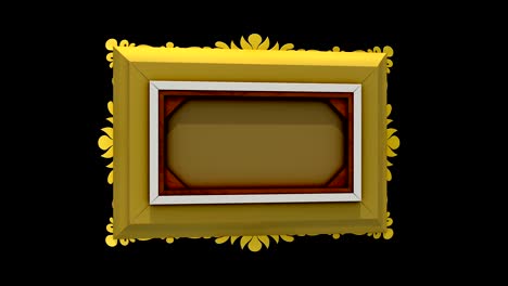 rapid rotation of the gold picture frame on black background. 3d animation with tv noise and green screen, seamless loop.