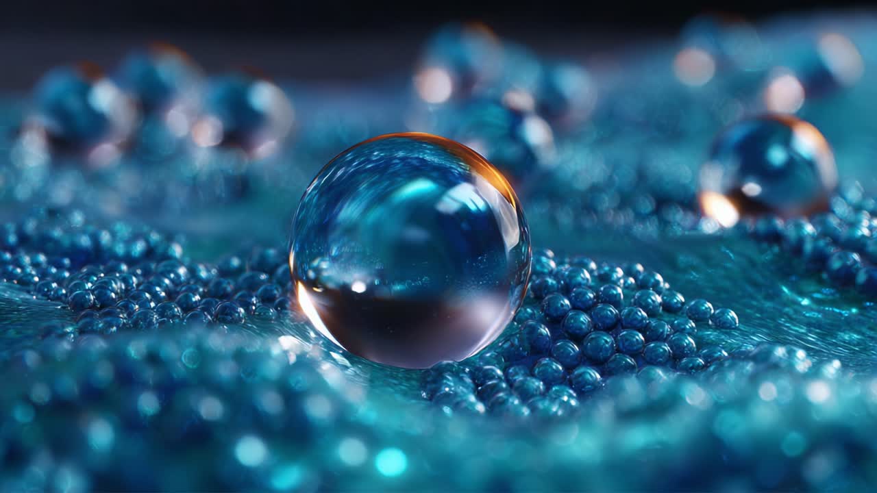 Splendida immagine ravvicinata di bolle iridescenti su una superficie blu luccicante, che cattura la bellezza del riflesso, il gioco di luci e le goccioline d'acqua nella macro fotografia