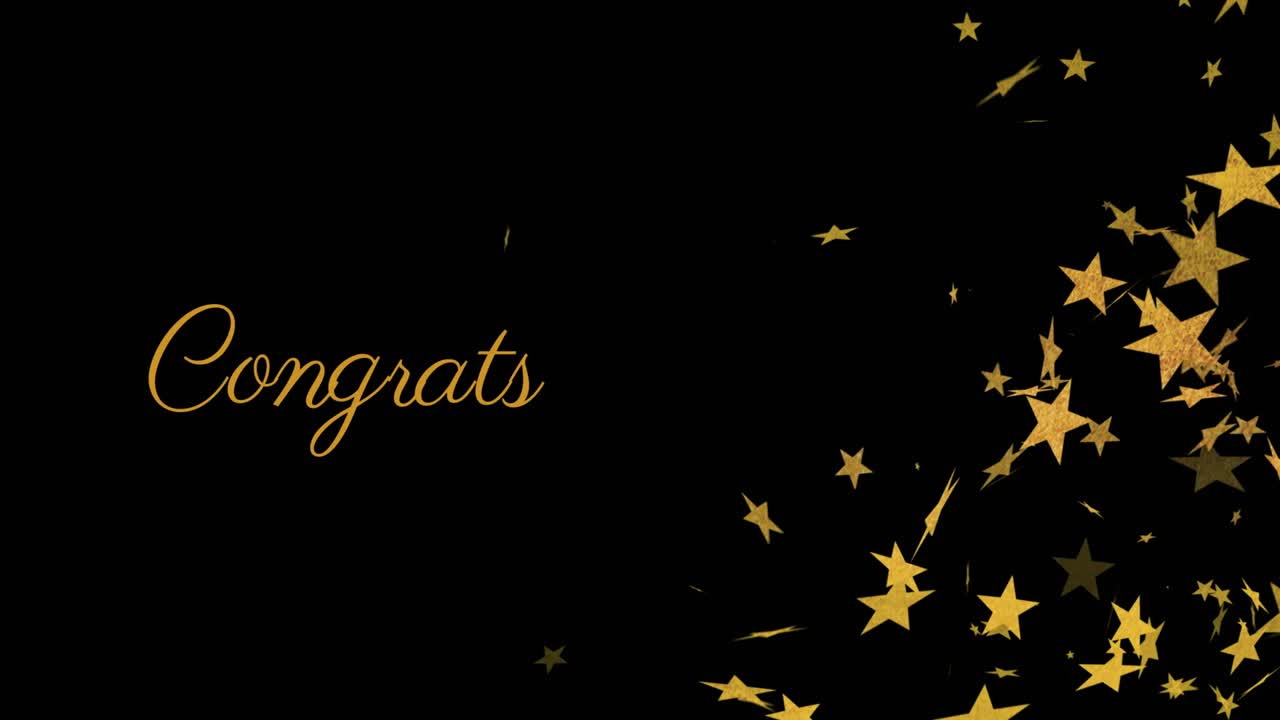 검은 바탕에 축하 텍스트와 별의 애니메이션