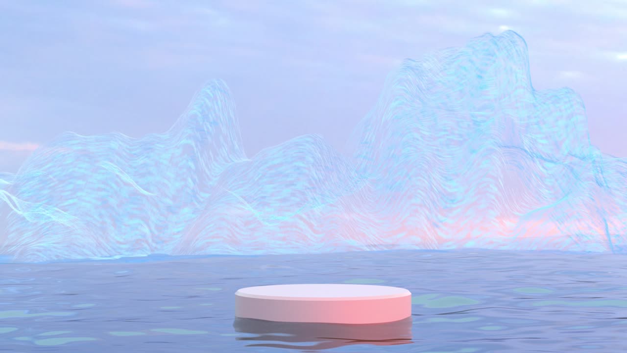 The podium of the metaverse with a fantastic dynamic mountain on the background of sunset