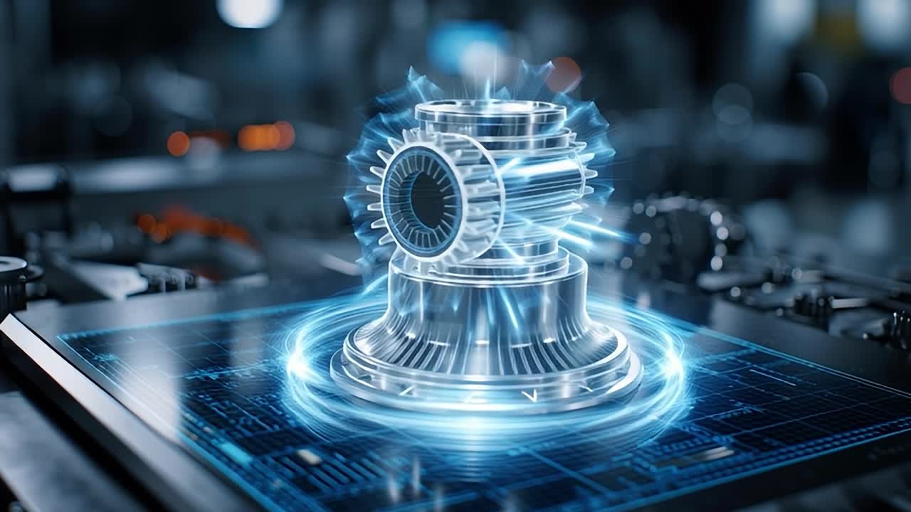 Høyteknologisk turbin på et digitalt grensesnitt i et futuristisk verksted