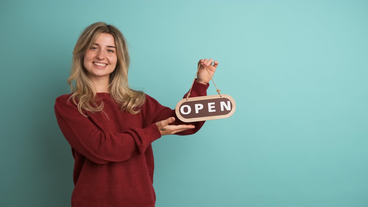 Smiling woman with open sign inviting in blue studio