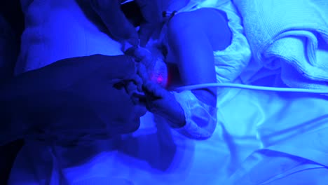 padres tocando suavemente al frágil recién nacido en la incubadora neonatal