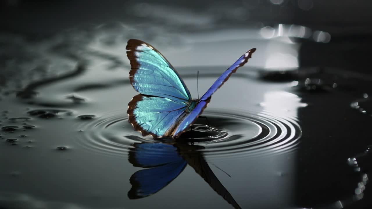 Avvistando un riflesso a specchio, una farfalla blu brillante scende per posarsi su acqua calma, formando increspature.