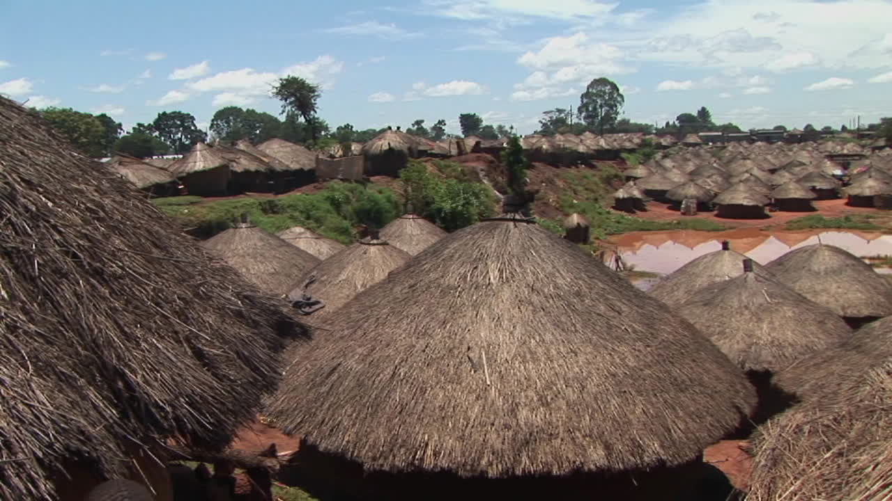 우간다 아프리카의 전통 마을 옥상의 팬샷