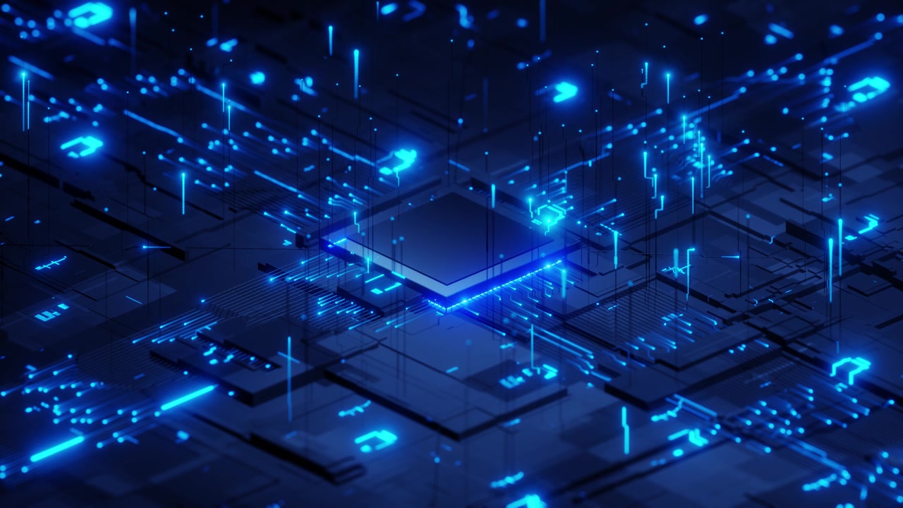 Advanced AI processor with glowing blue data flow background