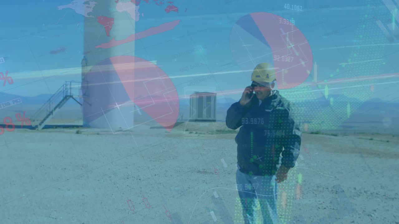 анимация инфографического интерфейса, графики, кавказский инженер разговаривает по мобильному телефону рядом с ветряной мельницей