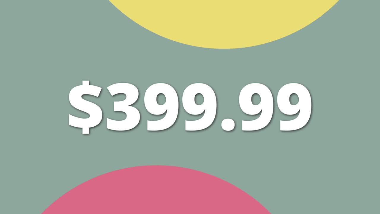 Smooth and clean animation highlighting a retail price of 399.99 Works well for advertising discounts and sales