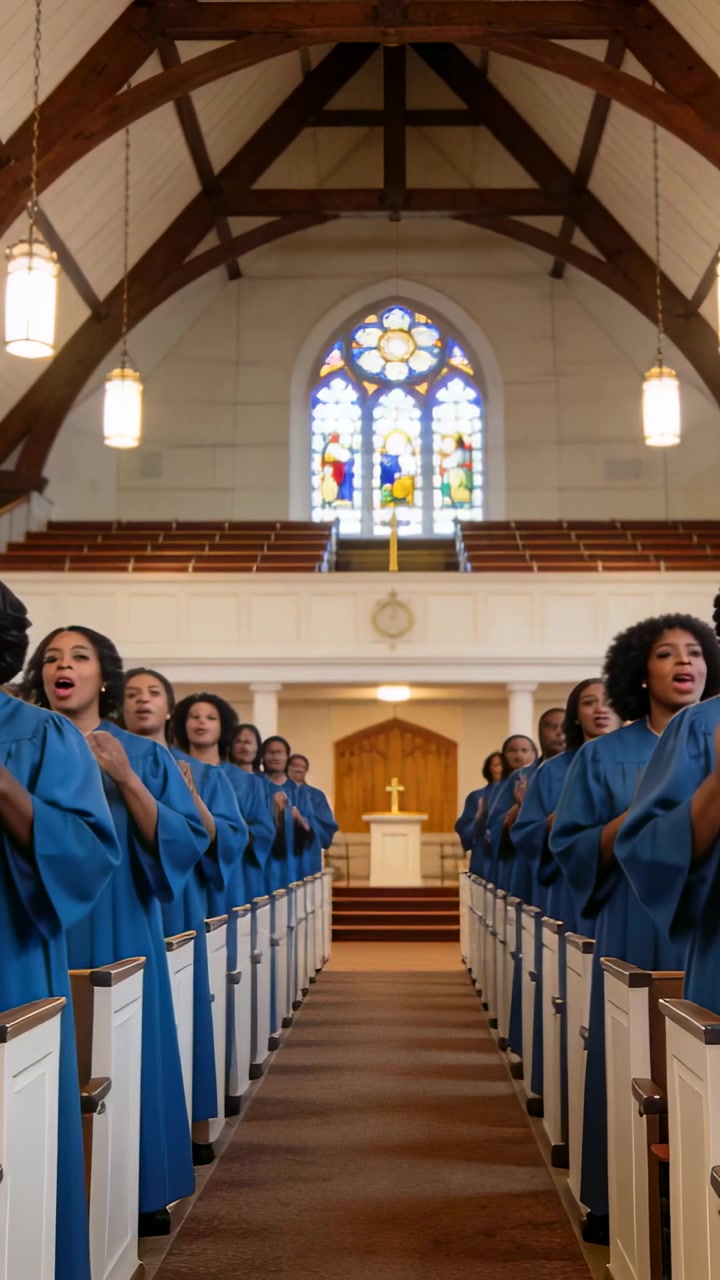 Vertical video: Singing choir clapping, swaying in church aisle on cue with blue robes altar cross