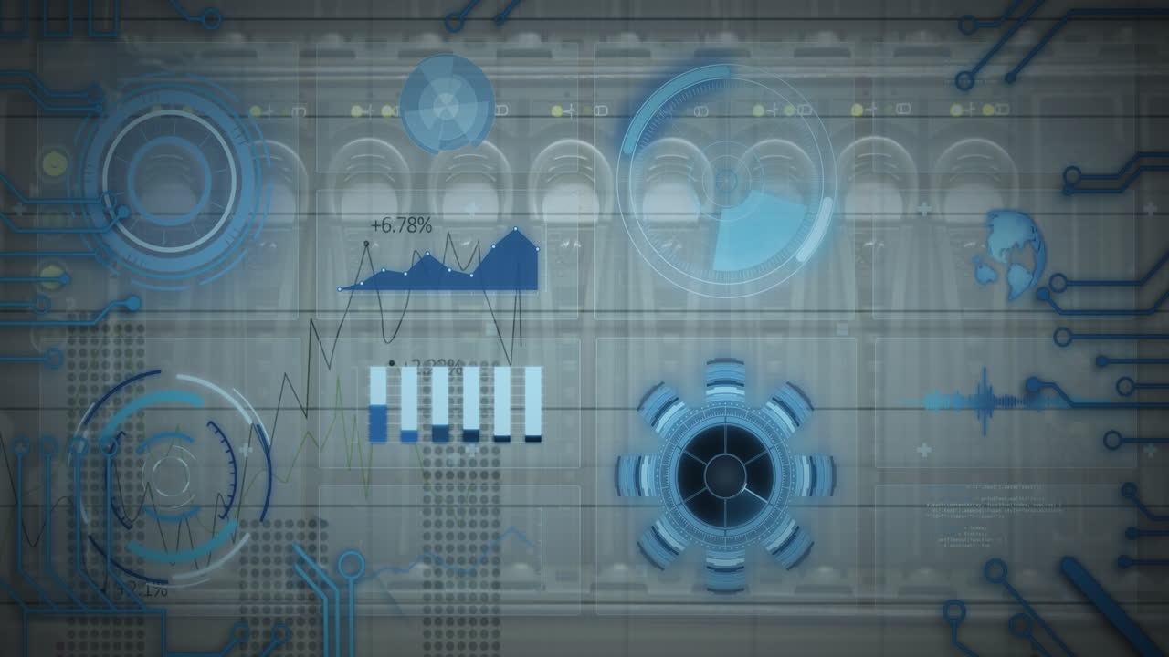 Animation of scopes scanning and data processing on computer elements in background