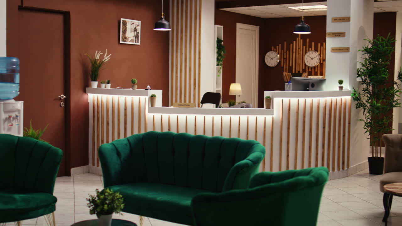 Wide angle shot of hotel lounge