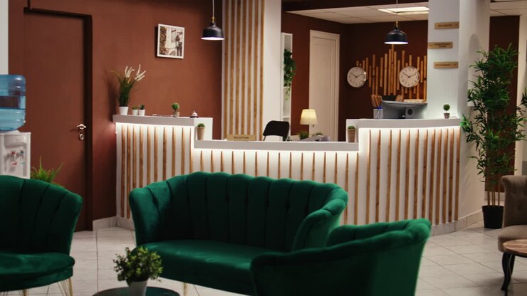 Wide angle shot of hotel lounge