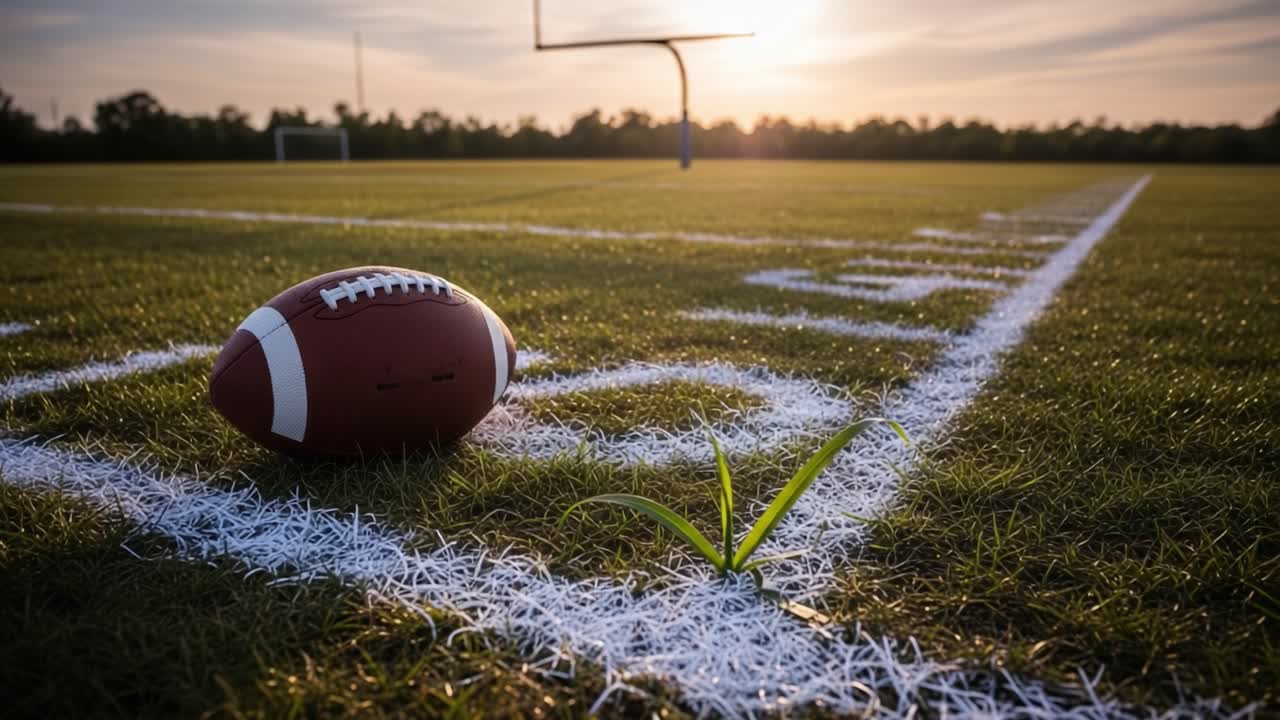 Una vista accattivante di un pallone da calcio su un campo con erba lussureggiante, che mette in risalto la bellezza dello sport al tramonto