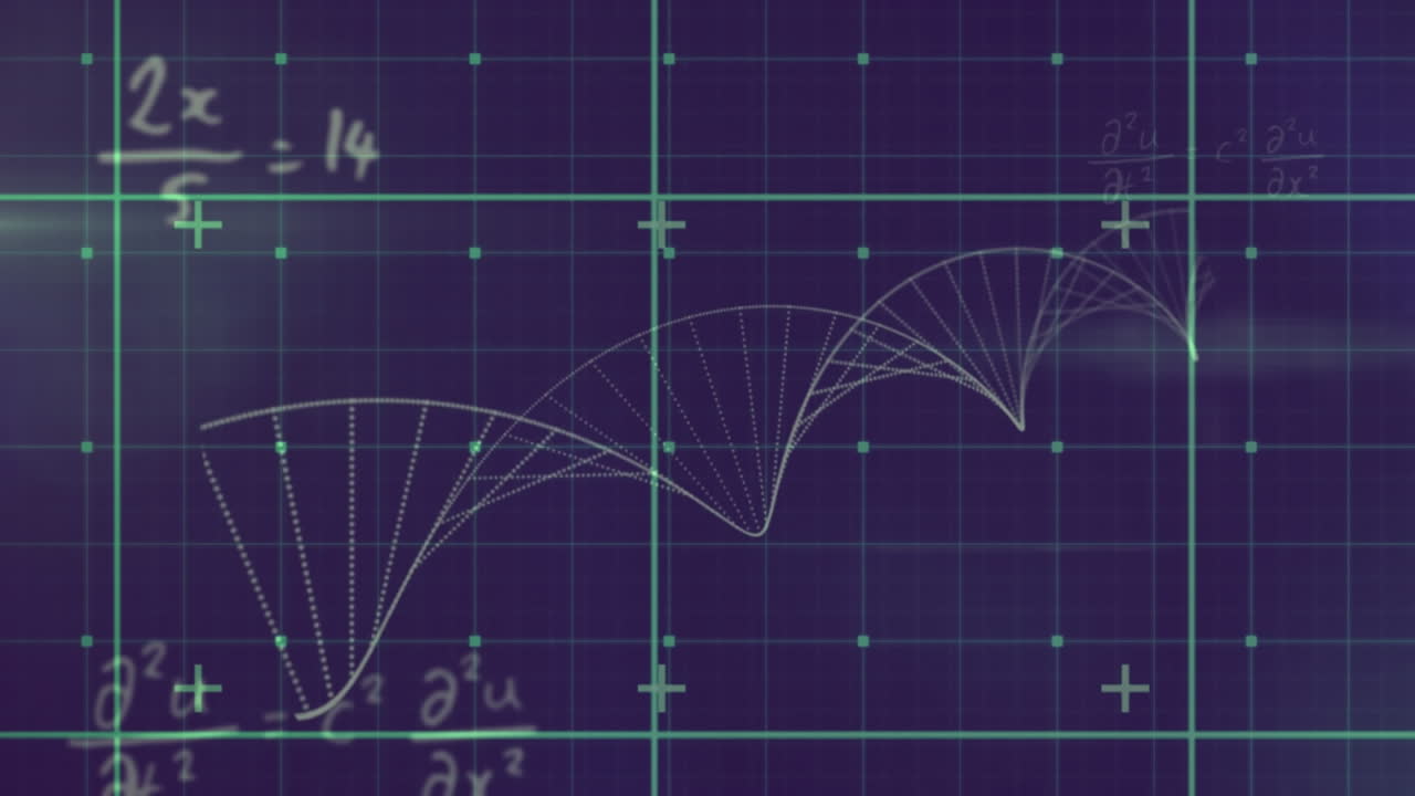 흑색 배경에 녹색 그리드로 나선형을 형성하는 방정식과 입자의 애니메이션