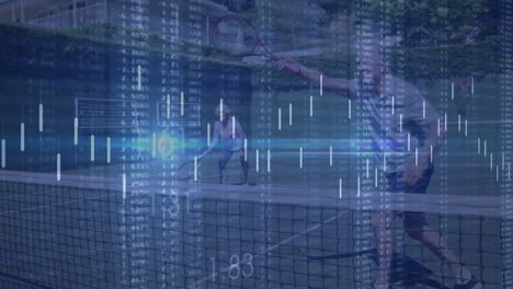 Senior man playing tennis near net, senior woman waiting court, showing stock candlestick charts