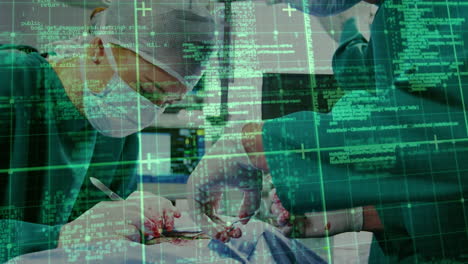 animation of data processing over caucasian female surgeon operating