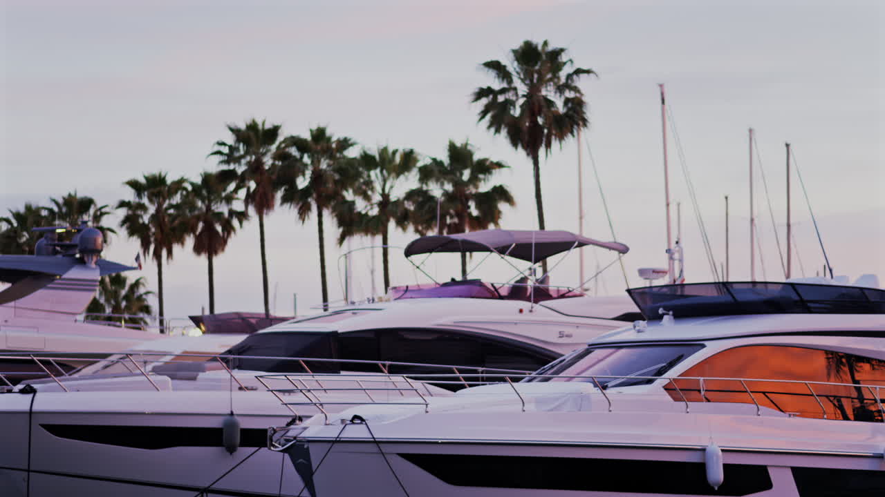Multiple white boats docked in the Port Vauban at sunset in Antibes, France