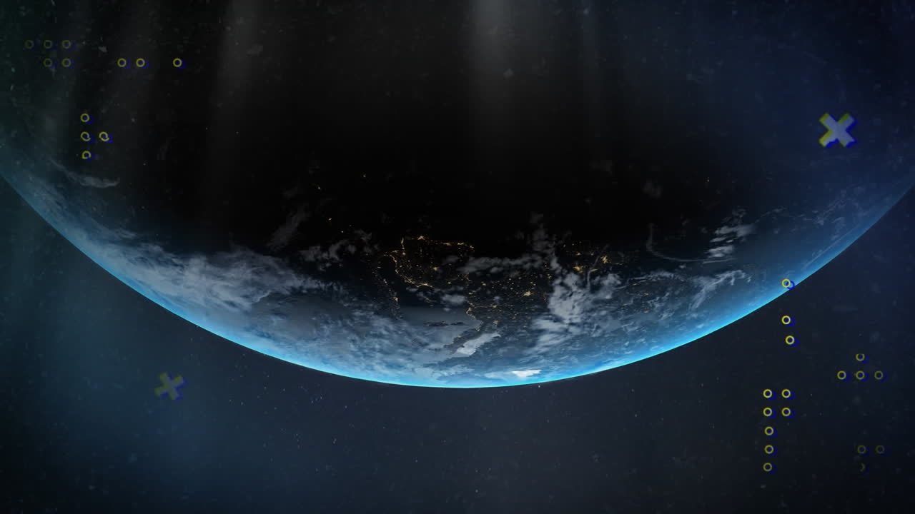 Animation of rows of flickering dots and markers over planet earth