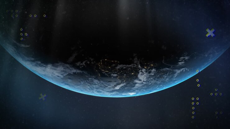 Animation of rows of flickering dots and markers over planet earth