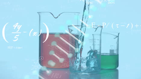 animación de la hélice de adn y fórmulas matemáticas sobre vasos llenos de líquido en el fondo.