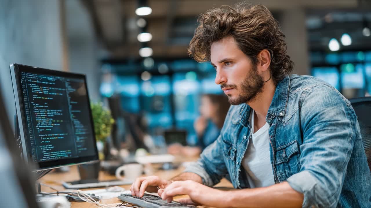 Focused Young Programmer Engaged in Coding and Software Development in Modern Office Environment, Showcasing Concentration and Technological Expertise