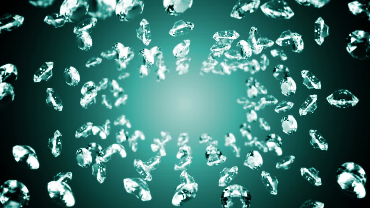 에메랄드 녹색 바탕에 많은 보석 다이아몬드를 날아. 투명하고 귀중한 보석을 빛니다. 화려한 다이애몬드 회전의 3d 애니메이션. 루프 애니메이션.