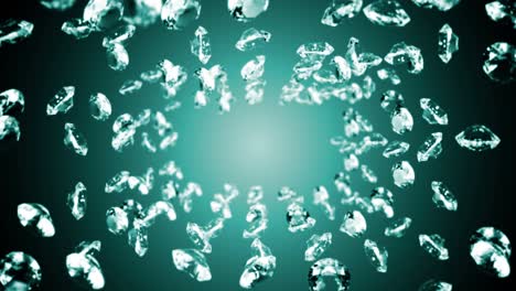 volando muchos diamantes de joyería en fondo verde esmeralda. brillar transparente, joya preciosa. animación 3d de diamante brillante girando. animación de bucle.