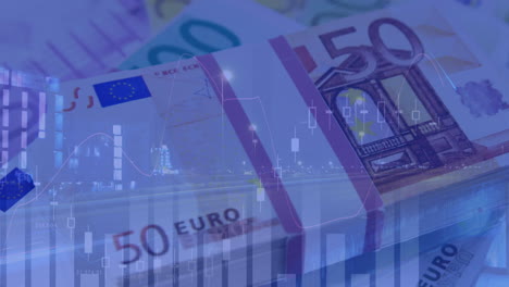 animation of financial data processing over euro currency banknotes