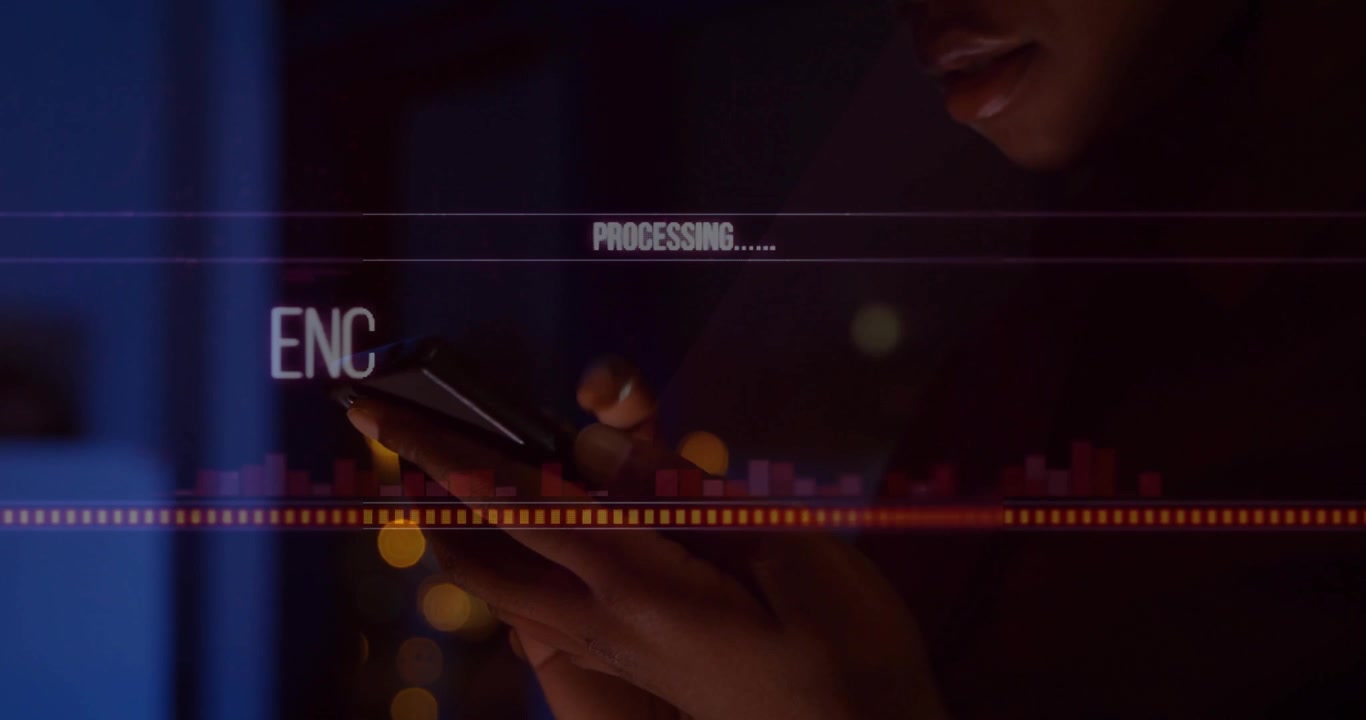 woman tapping phone screen starting encryption overlay showing secure transfer in tech interface