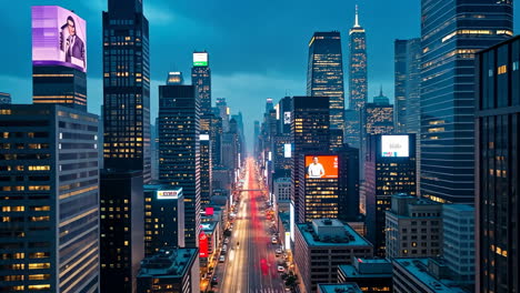 vibrant city street at night with illuminated skyscrapers and billboards