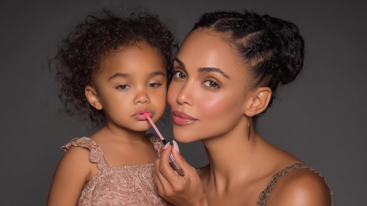 A Heartwarming Moment of Bonding: A Mother and Daughter Share a Playful Beauty Experience with Lip Gloss, Capturing the Joy of Togetherness and Self-Expression