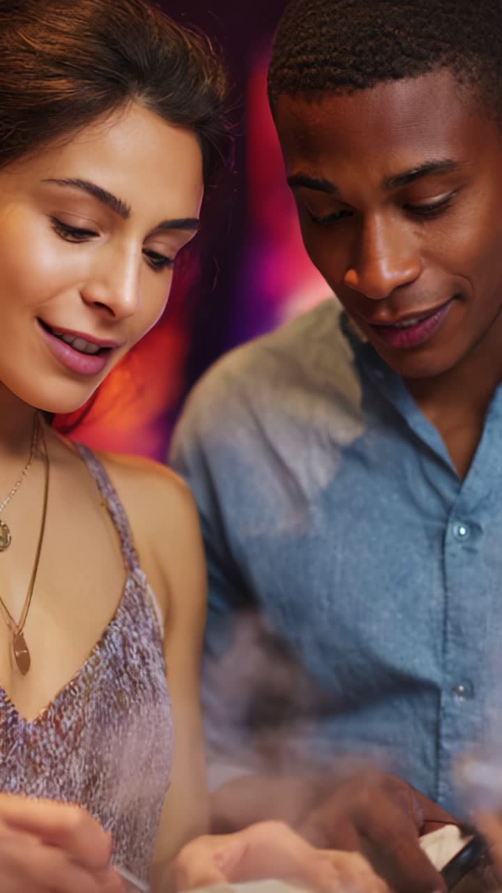 A couple shares a joyful moment, engaging in a culinary experience, immersed in vibrant colors and an atmosphere filled with anticipation and delight