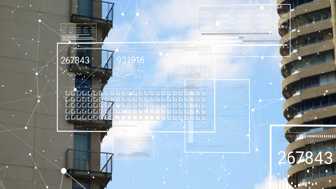 Digital data processing animation over modern apartment buildings against blue sky