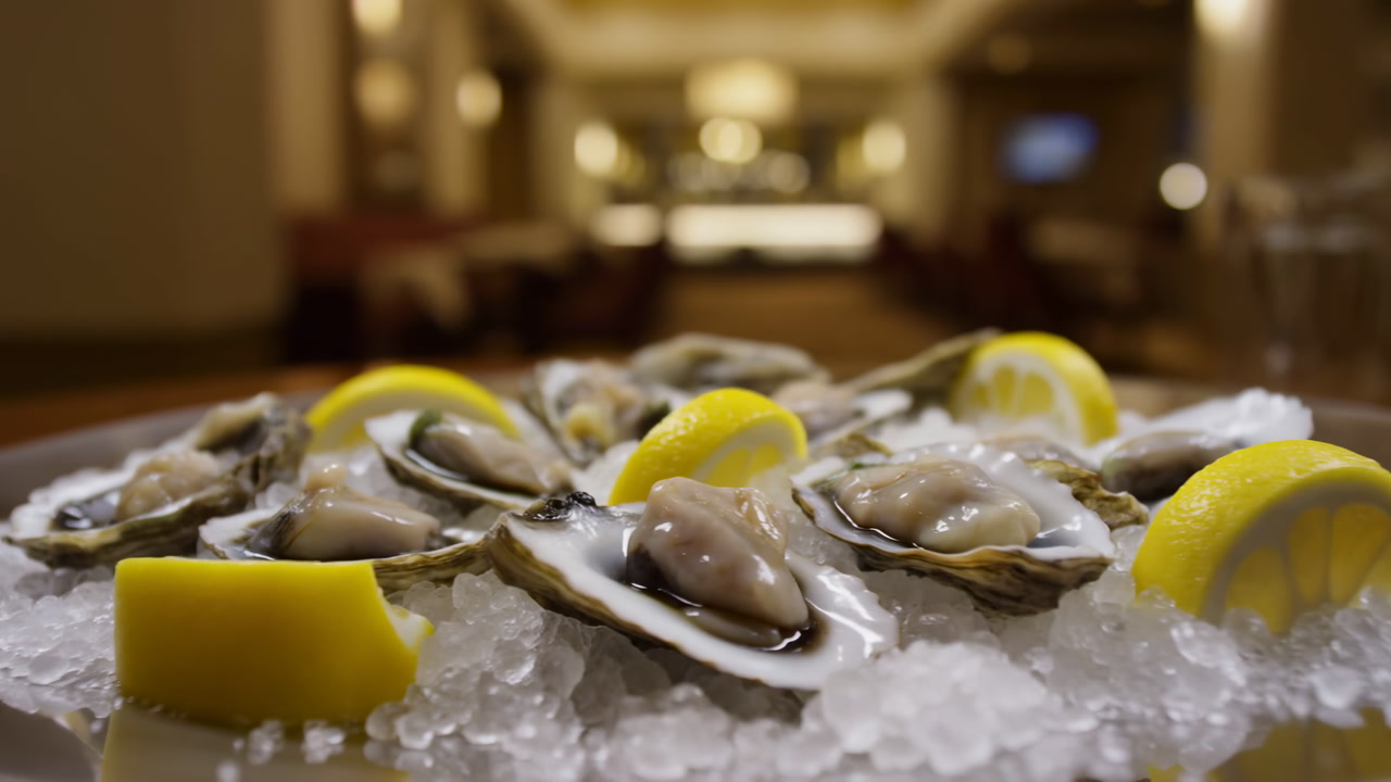 Fresh Oysters on Ice with Lemon Wedges in a Restaurant Setting