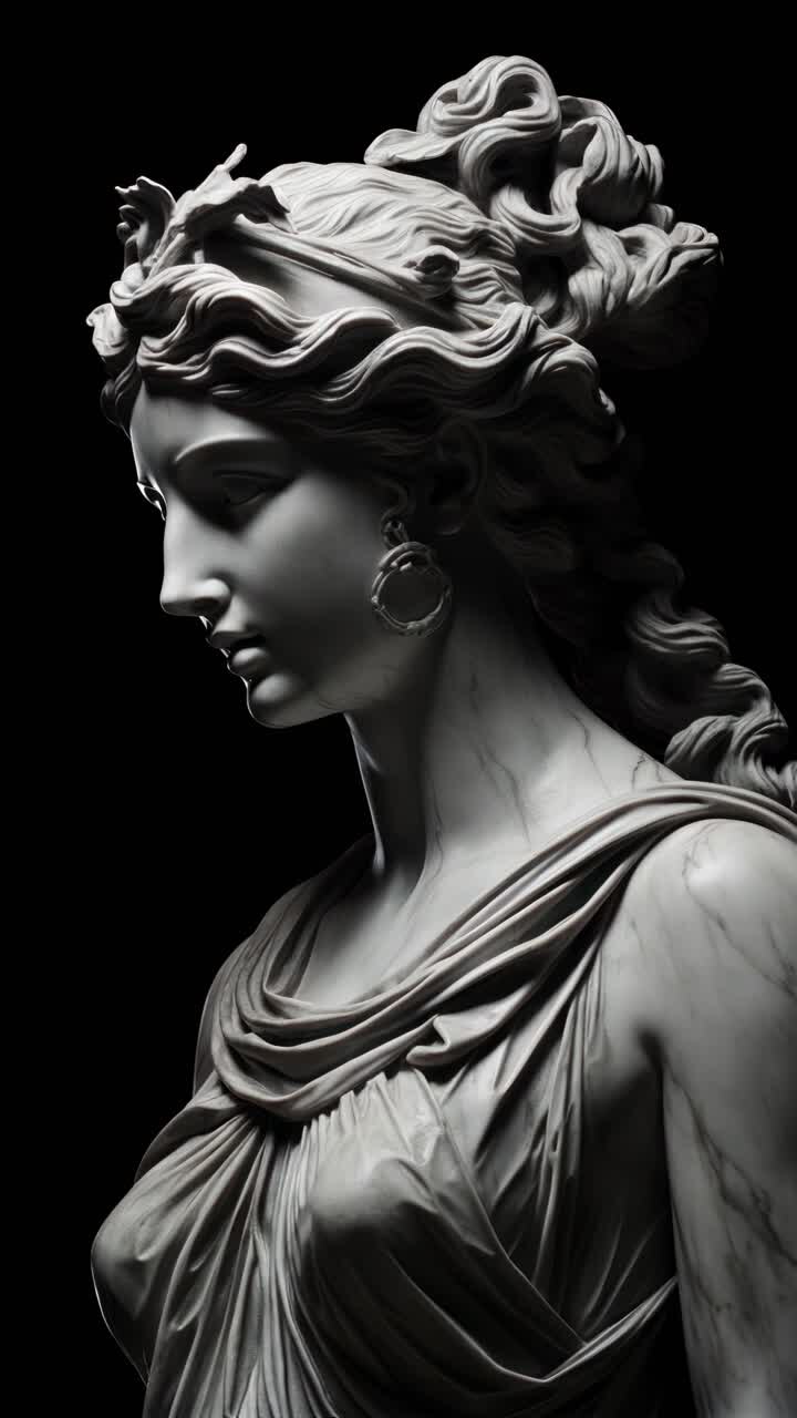Una ripresa video drammatica da un'angolazione laterale di una statua classica in marmo, che evidenzia dettagli intricati