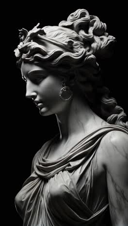 a dramatic side-angle video shot of a classical marble statue, highlighting intricate details