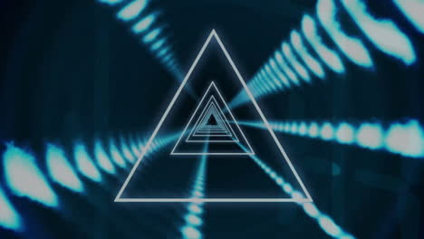 Geometric triangle shapes and light trails animation over dark background
