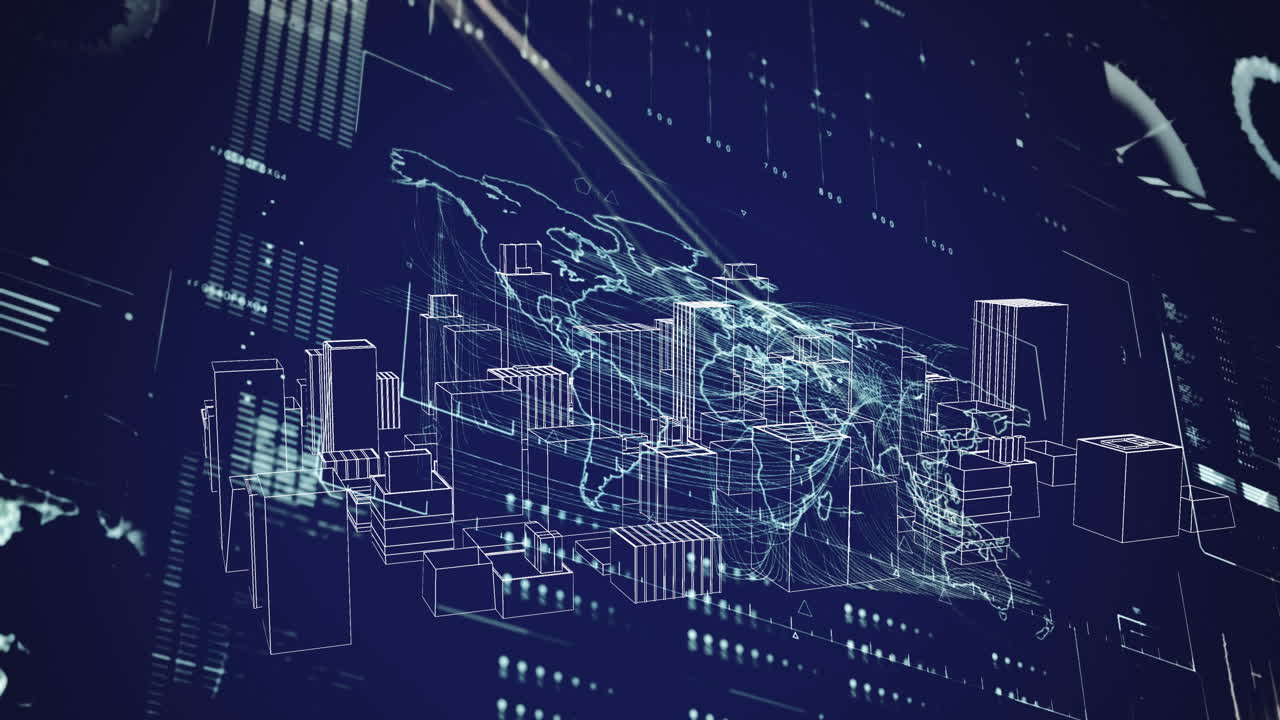animazione dell'elaborazione dei dati sulla mappa del mondo sullo schermo digitale