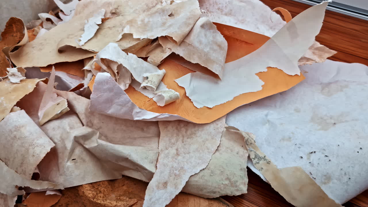 Torn and crumpled wallpaper pieces on wooden floor in closeup