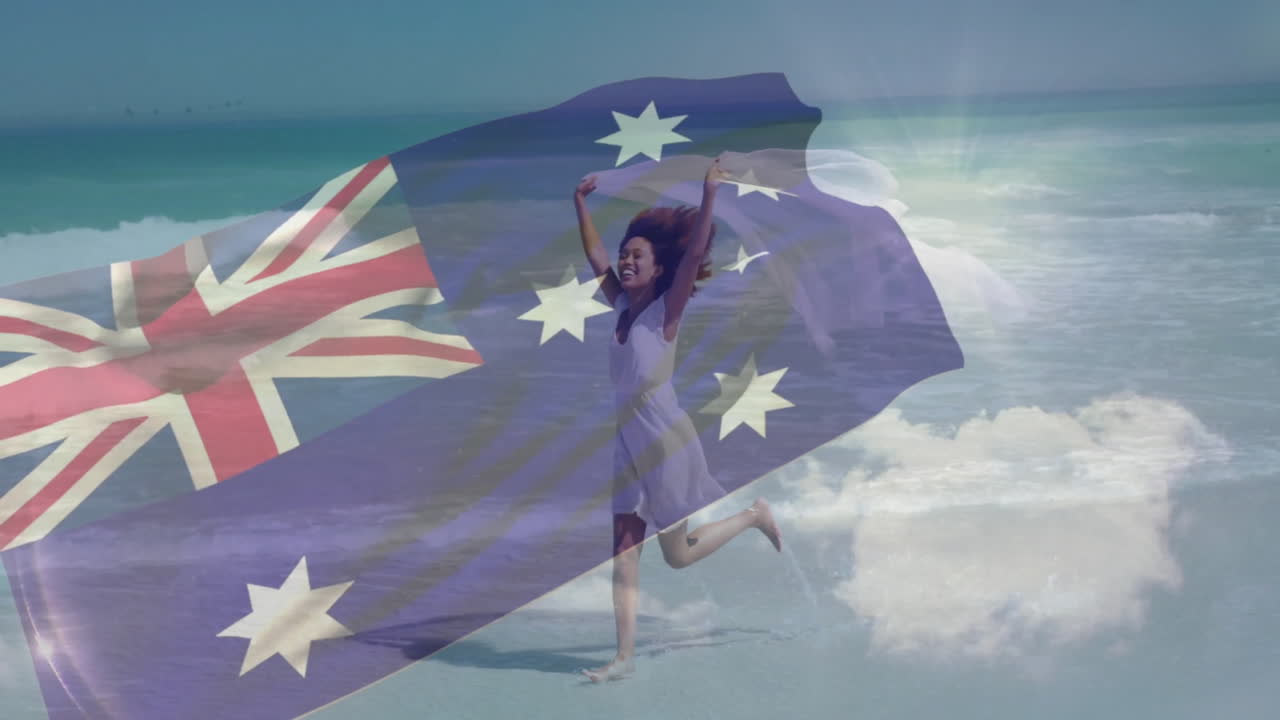 Running on beach, woman with Australian flag animation overlay, feeling joyful