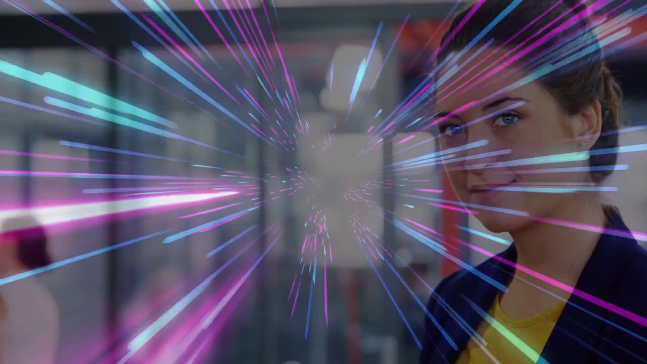 Businesswoman Smiling with Abstract Digital Light Rays Overlay