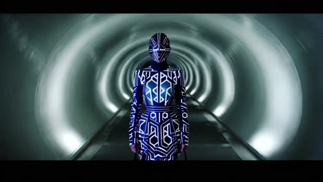 person in a glowing futuristic suit in a tunnel